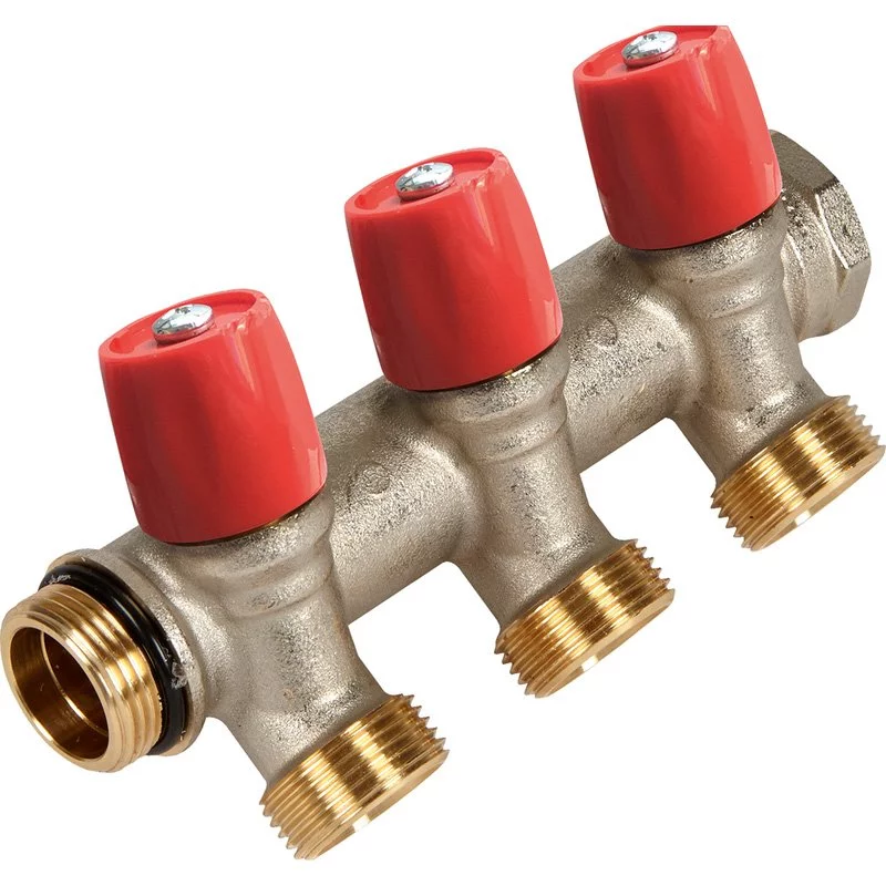 Verdeler voor CV messing Henco 1" + 3 x 3/4" rood